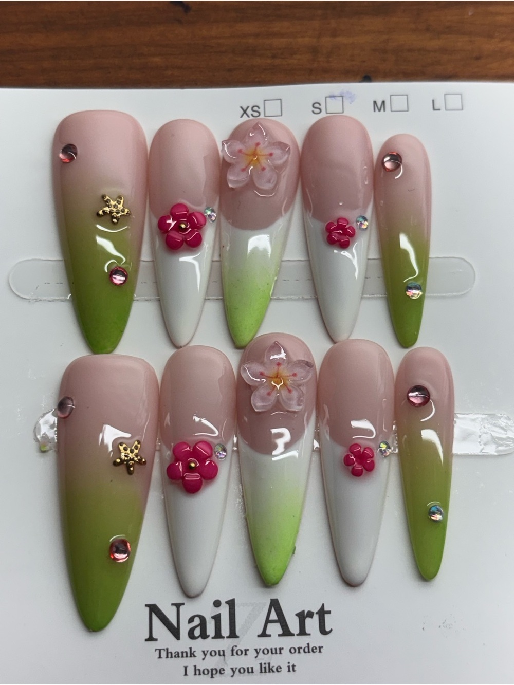 Pink & Green Floral Press-On Nails with 3D Accents